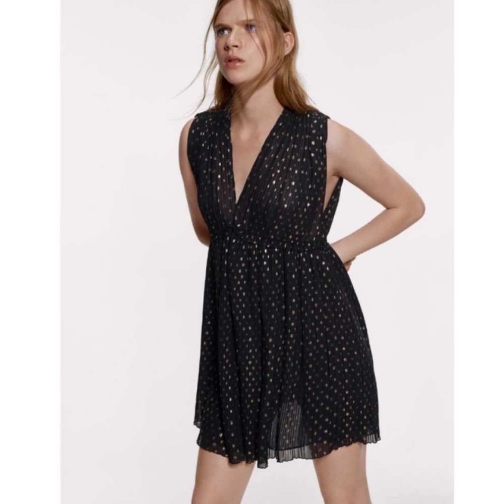 Zara Black and Gold Tie Back Mini Polka Dot Dress Size Medium Formal Cocktail